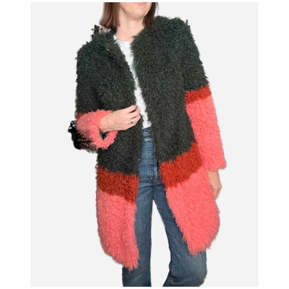 Shrimps RARE Mable Faux Shearling Long Coat Dark Green Pink Medium